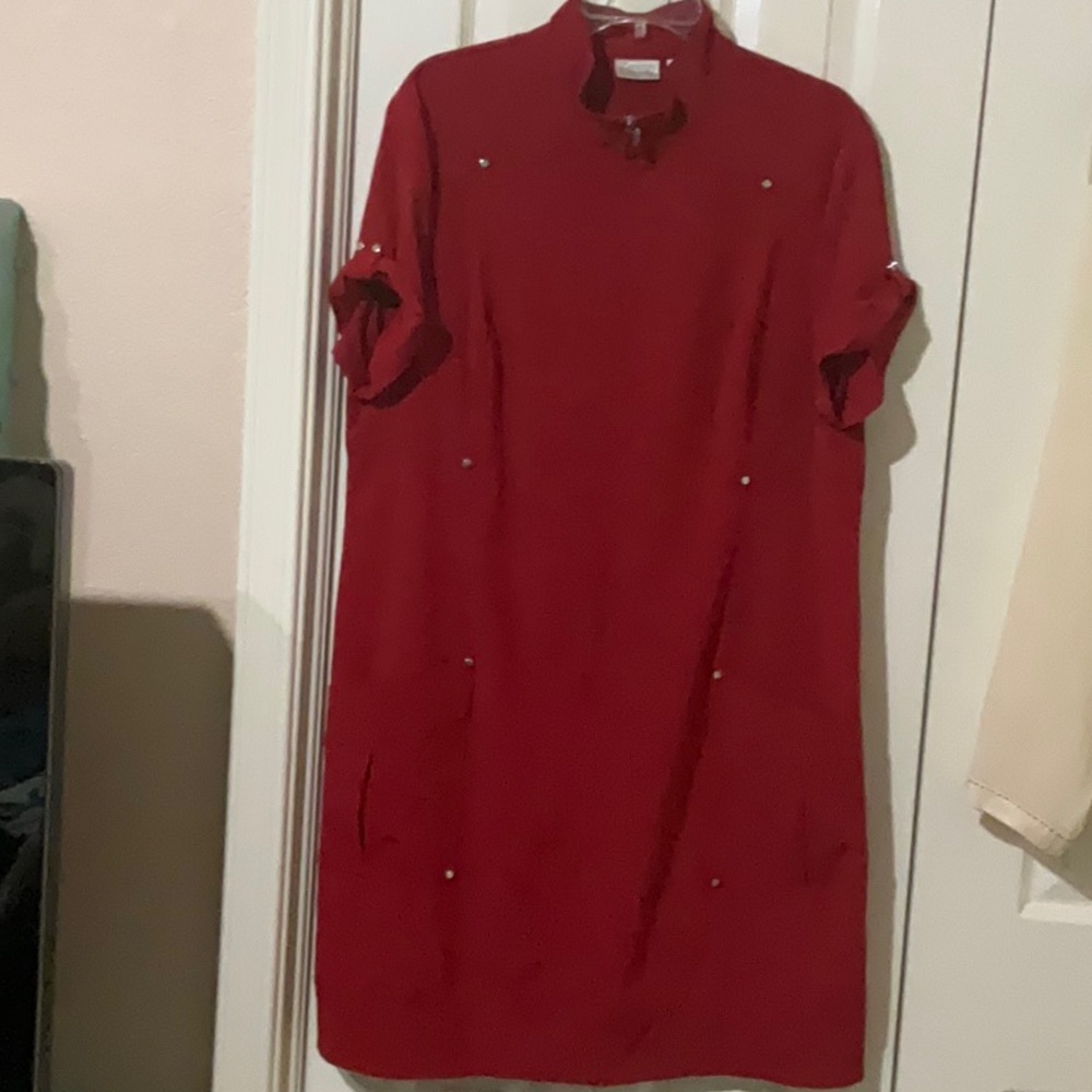 Chico's Red Mock Neck Mini Dress with Cuffed Sleeves